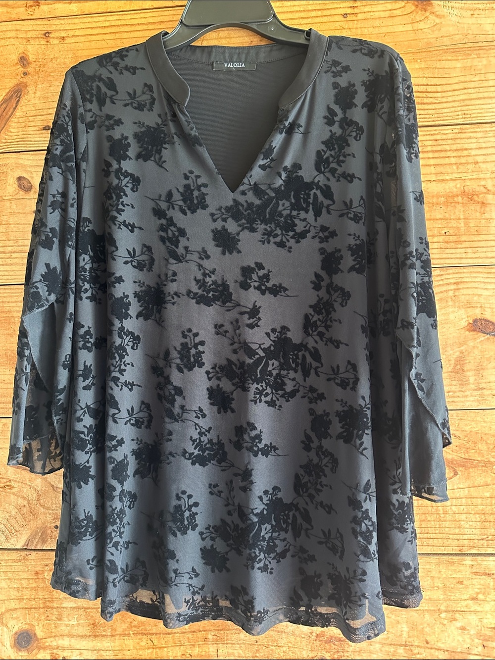 Valolia Black Floral Romantic Goth Velvet Burnout V-Neck Blouse